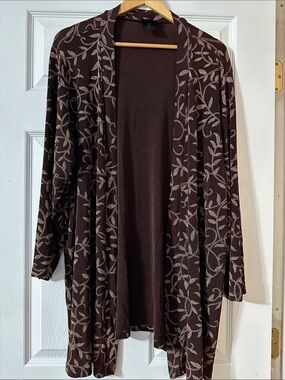 Lightweight Open-Front Cardigan - Brown Leaf Print